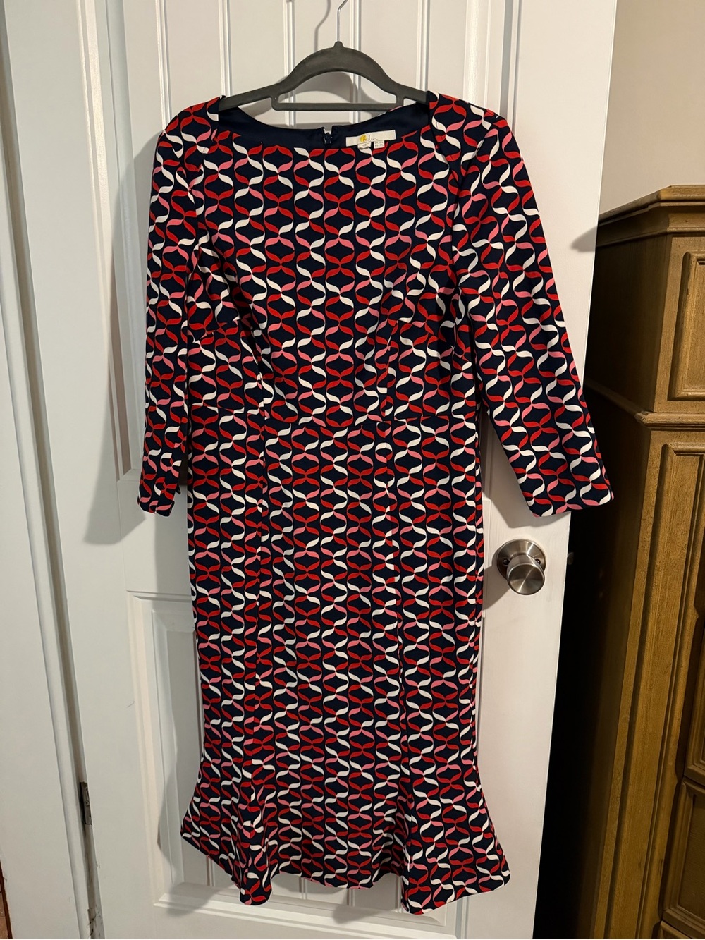 Boden Navy Dress with Red and Pink Geometric Print